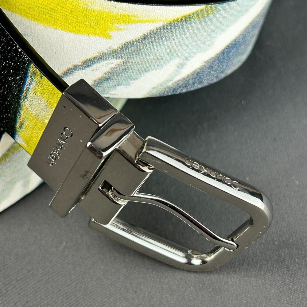 Calvin Klein Leather 1.25" White Yellow Graphic Belt Size L Silver Tone Buckle - Picture 2 of 16